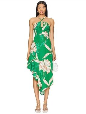 Misa Los Angeles | Women’s Green Floral Valeria Halter Asymmetric Midi Dress XL